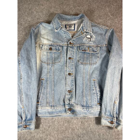 VTG 90s Lee Skull Man Jean Trucker Jacket Mens XL Blue Button Up Farewell Tour